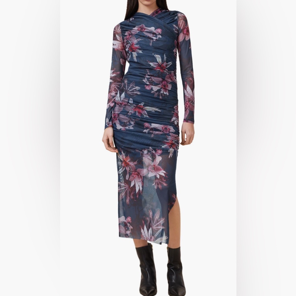 All Saints Hanako Long Sleeve Mesh Midi Dress